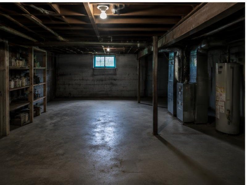 Dark unfinished basement with exposed ceiling framing