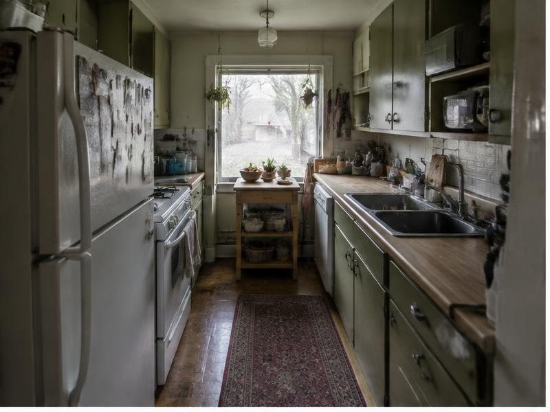 Cramped kitchen with limited counters and a narrow walkway