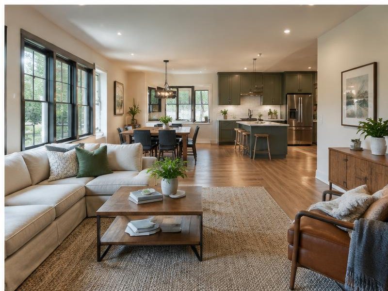 Connected kitchen and living room with cohesive finishes