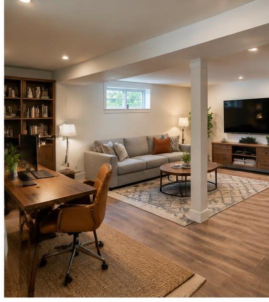 Finished basement combining an office and family area