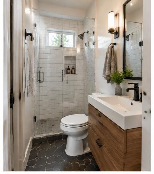 Compact bathroom with efficient fixture placement