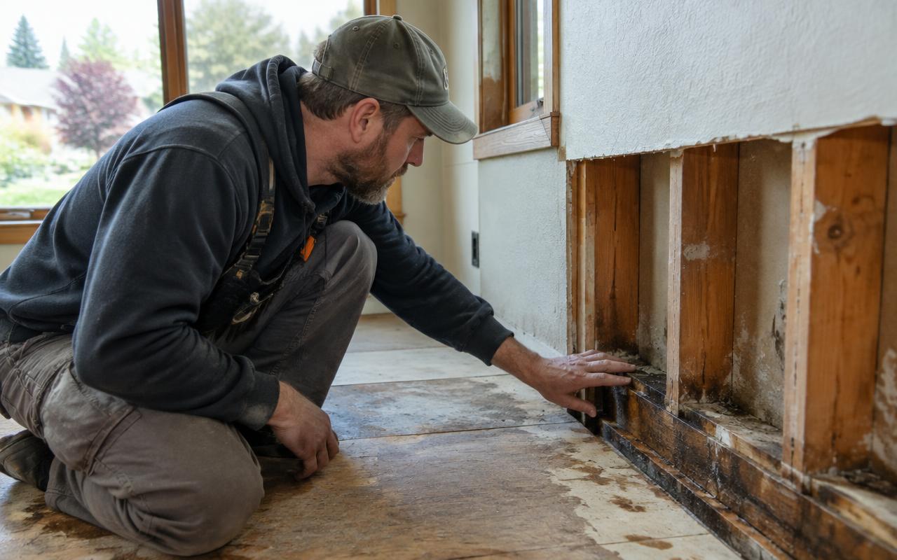 Remodeler checking exposed framing and subfloor conditions