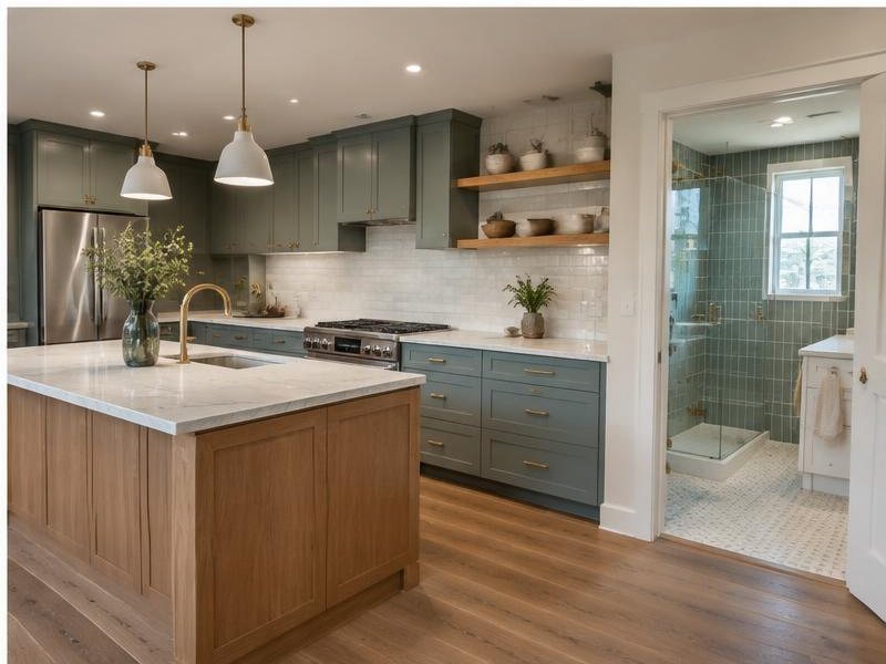 Cabinetry and interior finishes being installed in a remodeled room