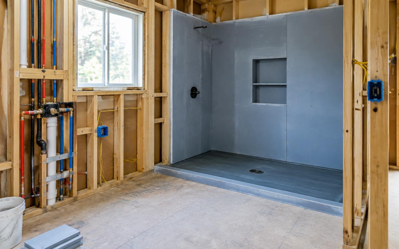 Bathroom plumbing, wiring, and waterproof surfaces ready for inspection