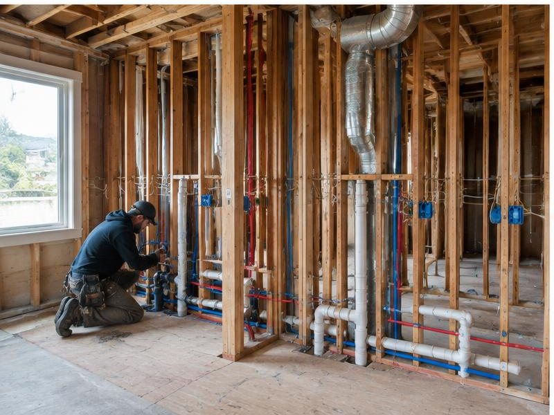New framing and utility rough-ins during residential remodeling