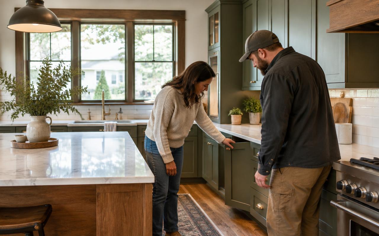 Homeowner and remodeler testing cabinetry during the final walkthrough