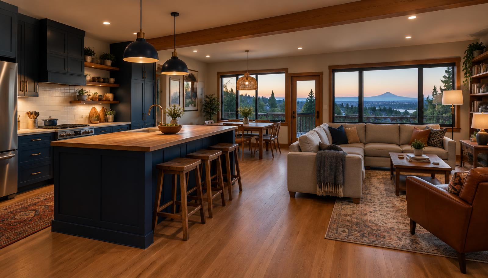 Finished Portland home remodel with connected kitchen and living room