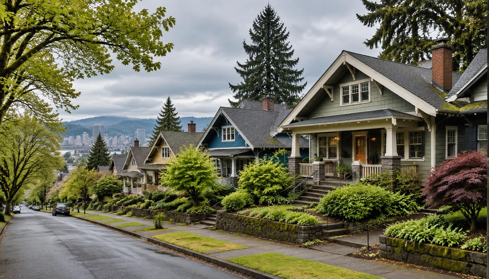 Portland neighborhood with craftsman homes and mature trees