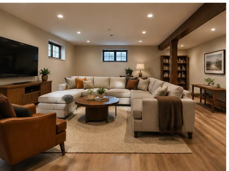 Finished basement arranged as a family room